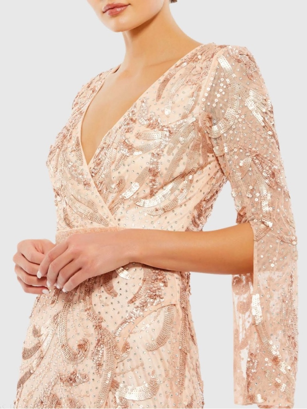 Mac Duggal 5222 Pink Sequined Faux Wrap Split Long Sleeve Gown Size 10 NWOT - Picture 2 of 10